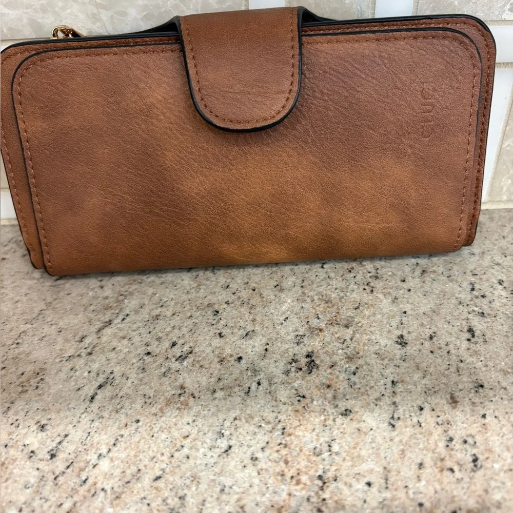 Women's Tan Zip-Around Wallet Clutch with Snap Strap